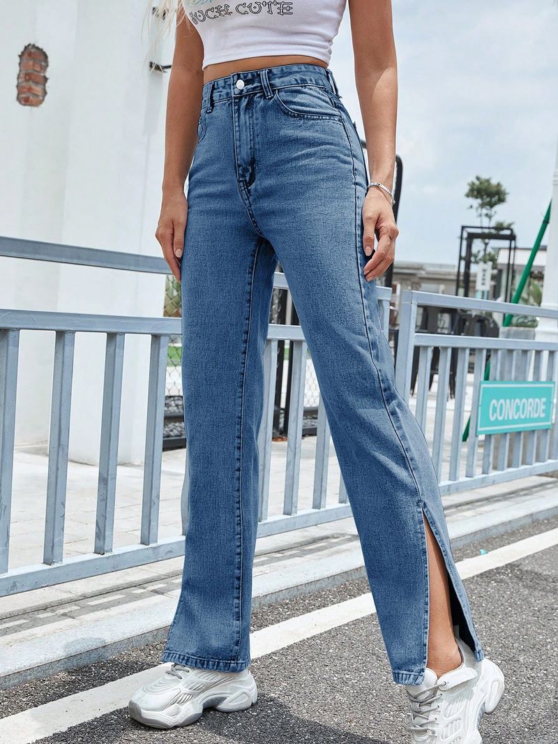 Womens Clothing Split Wide Leg Straight Loose High Waisted Slim Jeans