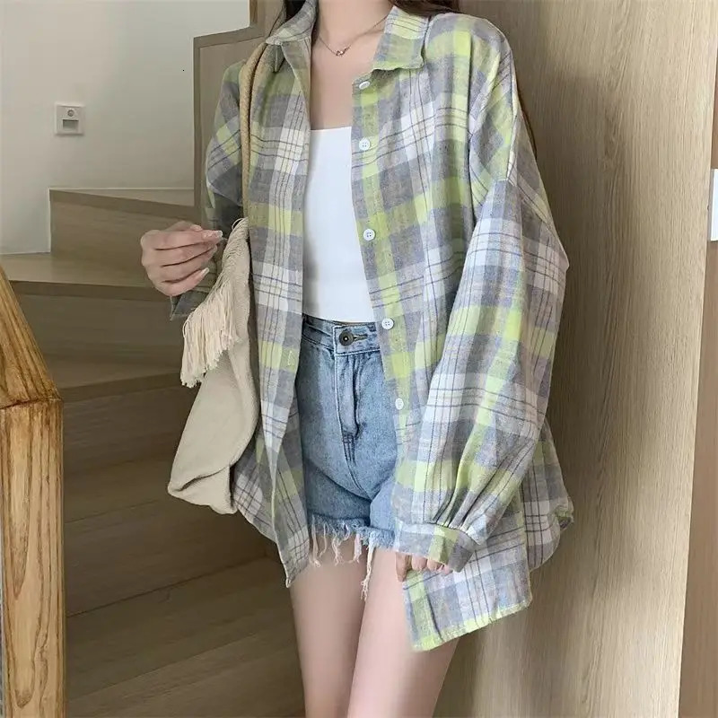 Spring Casual Plaid Shirt Women Long Sleeve Top Female Vintage Single Breasted Blouse Ladyies Preppy Style Loose Check Shirts 250320