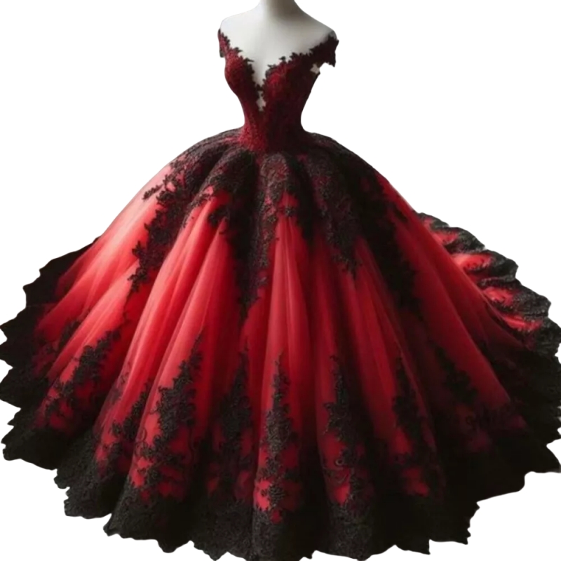 Black And Red Ball Gown Gothic Wedding Dresses Off Shoulder Court Train Retro Bridal Gown Lace Appliques Pleats Long Vestido De Novia Back Lace-Up Cus