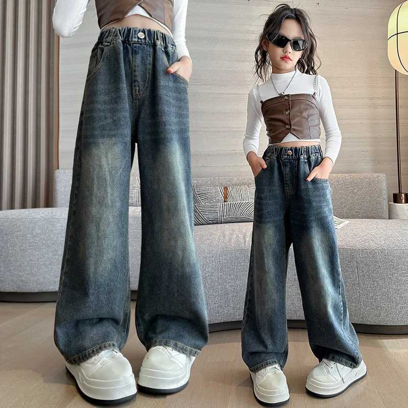 Girl Pocket Bow Embroidery Jeans New Teenage Children Wide Leg Denim Pants for Kids Loose Trousers Spring Autumn 4-14 YearsT250326