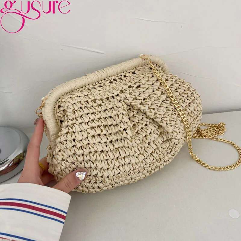 Gusure Summer Designer Shoulder Straw Weaving Clutch Purse Women Dumpg Crossbody Beach Bag Fashon Cloud Pouch