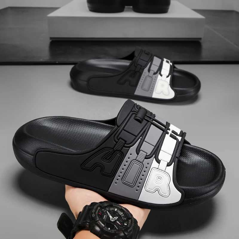 Mens slide fashionable straight slide indoor slide air bath slide outdoor sports beach soft bottom slide Y250320