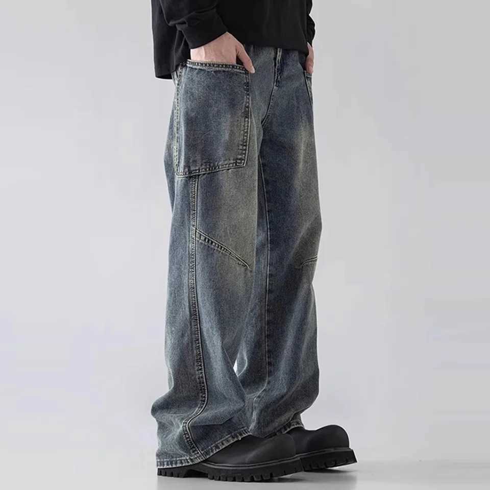 Yao888 casual loose retro washed old-fashioned simple clean style pants unisex Y2k wide leg patchwork jeansT250319