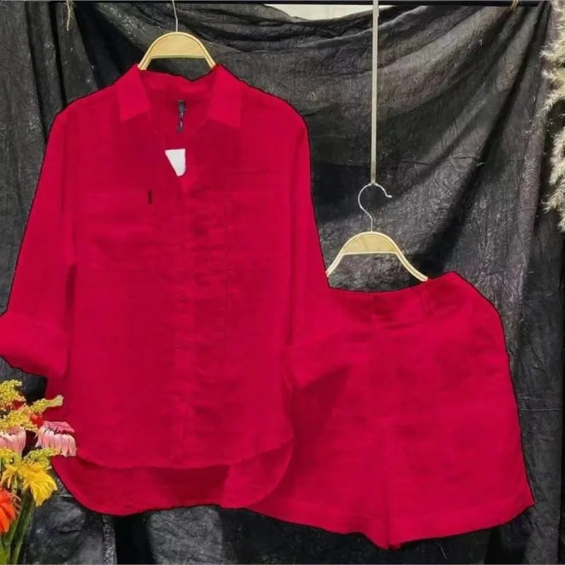 Summer Cotton Linen Casual Home 2 Piece Set For Women Fashion White Long Sleeve Shirt And Shorts Two Piece Sets Tracksuit 250318