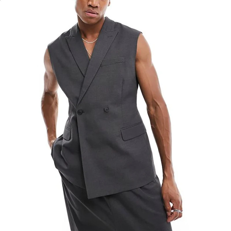 Summer Fashion Mens Vest Outfits Dark Grey Double Breasted Lapel Casual 1 Piece Waistcoat Male Clothing Tailor Costume 250311