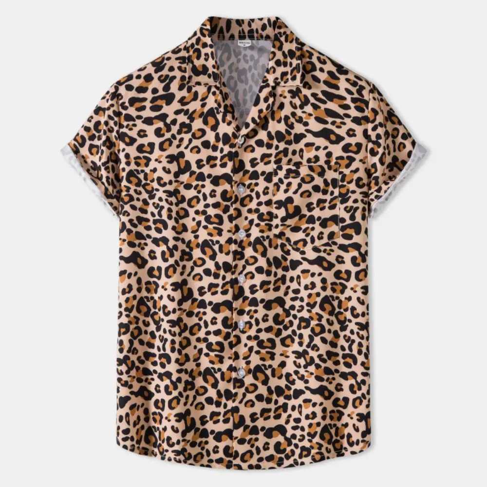 Fashion Leopard Mens Short Sleeve Shirt Oversize Loose Fit Stylish Shirt For Men Lapel Trend Casual Button Up Mens Clothing M250320