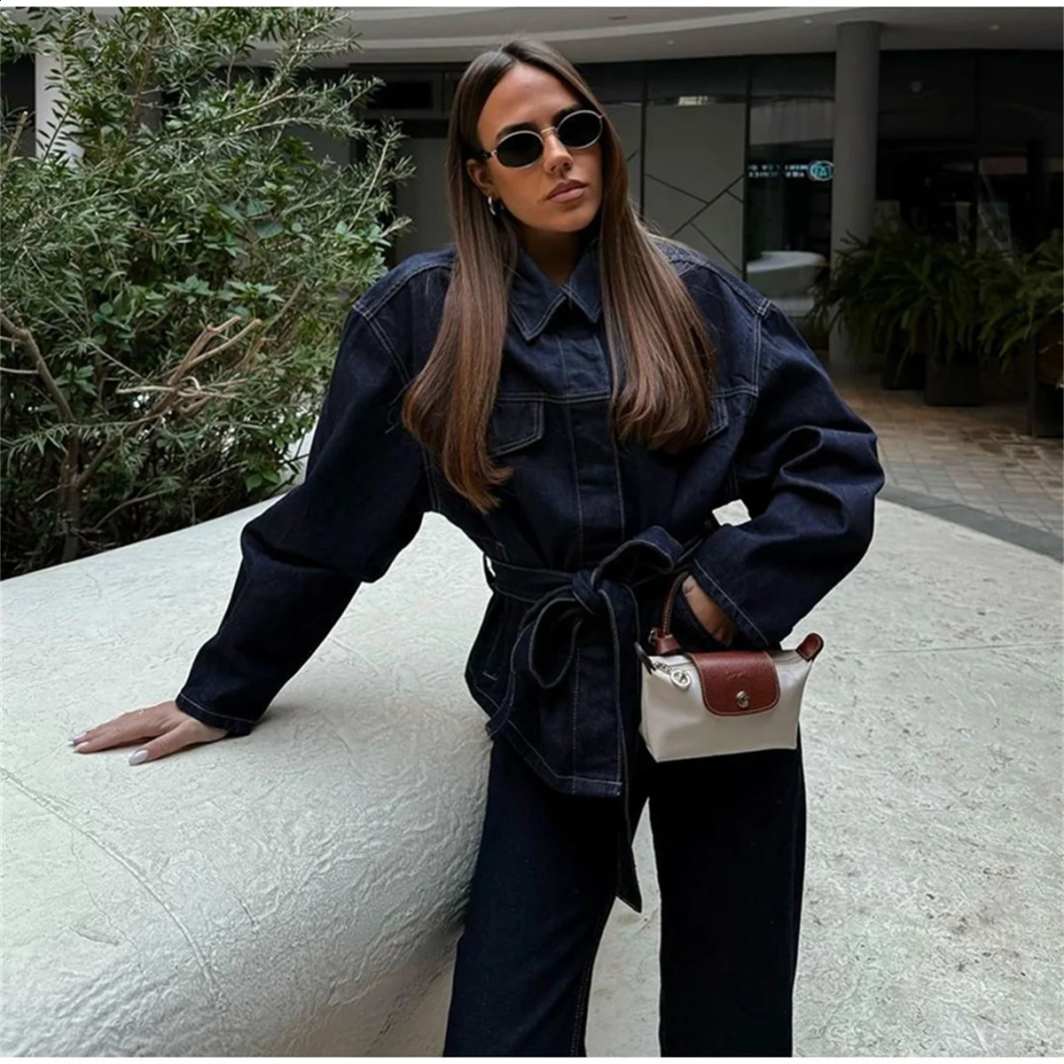Retro belt denim jacket pants set womens lapel single chest pocket straight jeans 2025 spring streetwear 250319