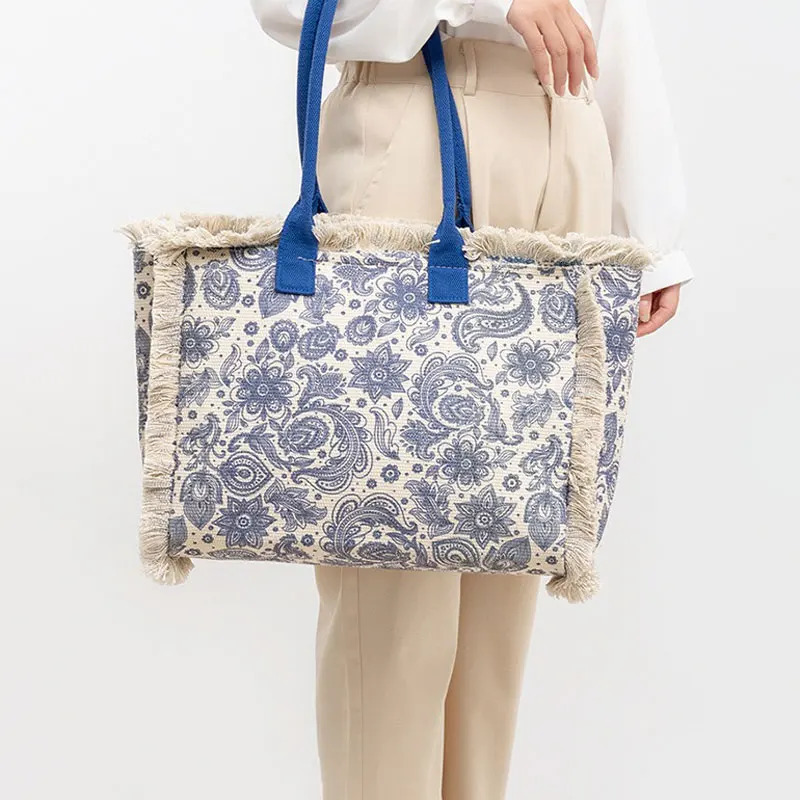 Bohemian Vintage Tote Bag European and American Fashion Canvas Shoulder Bag Large Capacity Zippered Handbag R250320