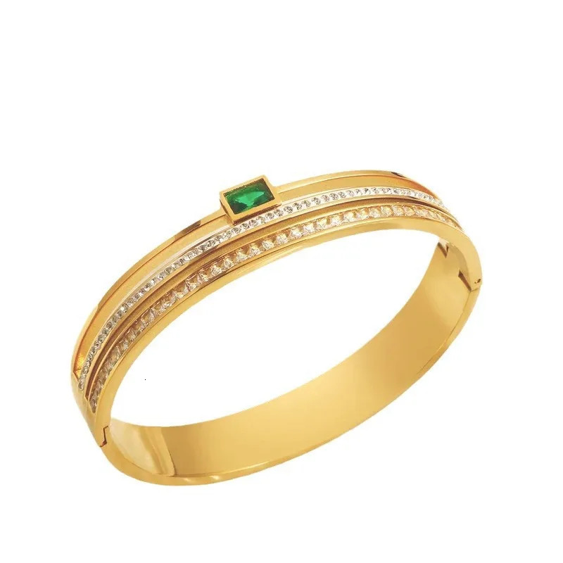 CARLIDANA High Quality Green White Rhinestone Deluxe Wide Bracelet Stainless Steel Waterproof for Women Bangle Party Jewelry 250320