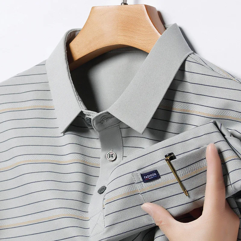 Summer Short Sleeve Mens Polo Shirt Striped Casual Chest Pocket n Man Polos T-shirt Business Golf Clothing Top Quality 250320