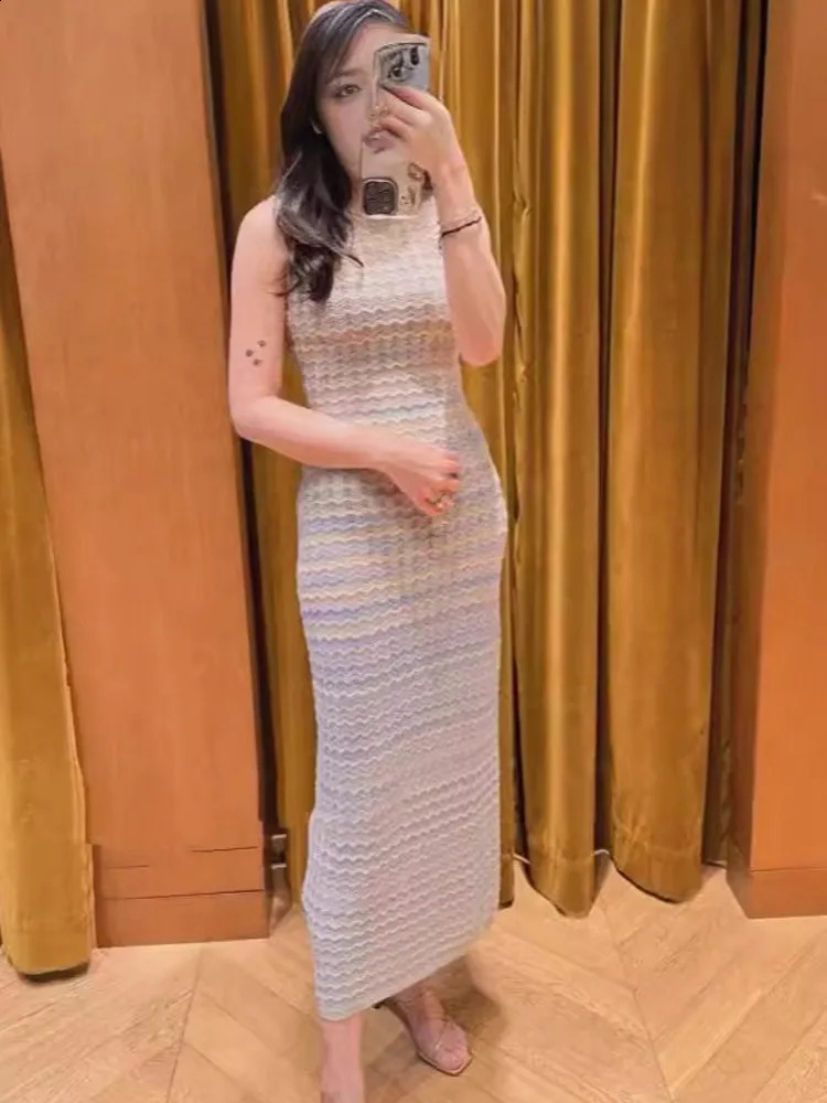 Elegant Women Autumn Knitted Set Gradient Mixed Colors Sweater Cardigan Slim Fit Long Tank Dress Matching Set Knitwear Outfits 250317