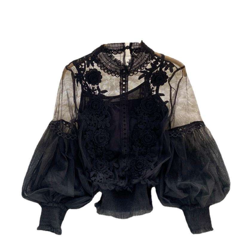 Men Croptop Mens Clothes Tshirt Design Sense Three-dimensional Flower Collage Perspective Mesh Lantern Sleeve Slim Fit Crop Top Womens Lace Bottom Shi