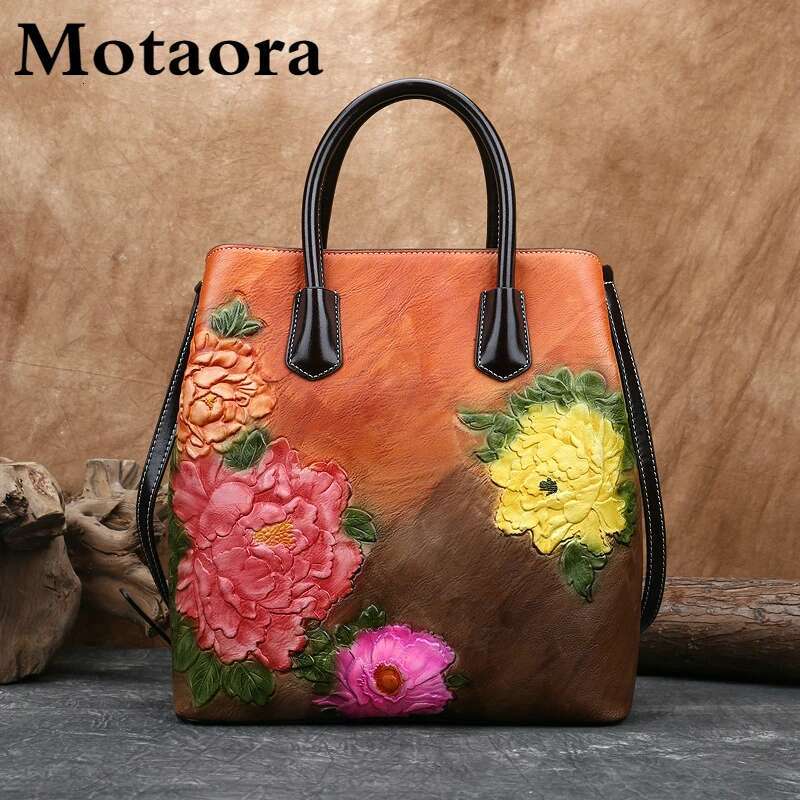 MOTAORA New Vintage Women Bucket Shoulder Bags 2025 Handmade Emed PU Leather Handbag Retro Large Capacity Crossbody Tote Bag