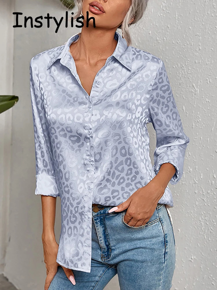 Women Leopard Print Blouse Spring Summer Long Sleeve Lapen Vintage Button Up Shirt Office Lady Satin Tunics Harajuku Top 250320