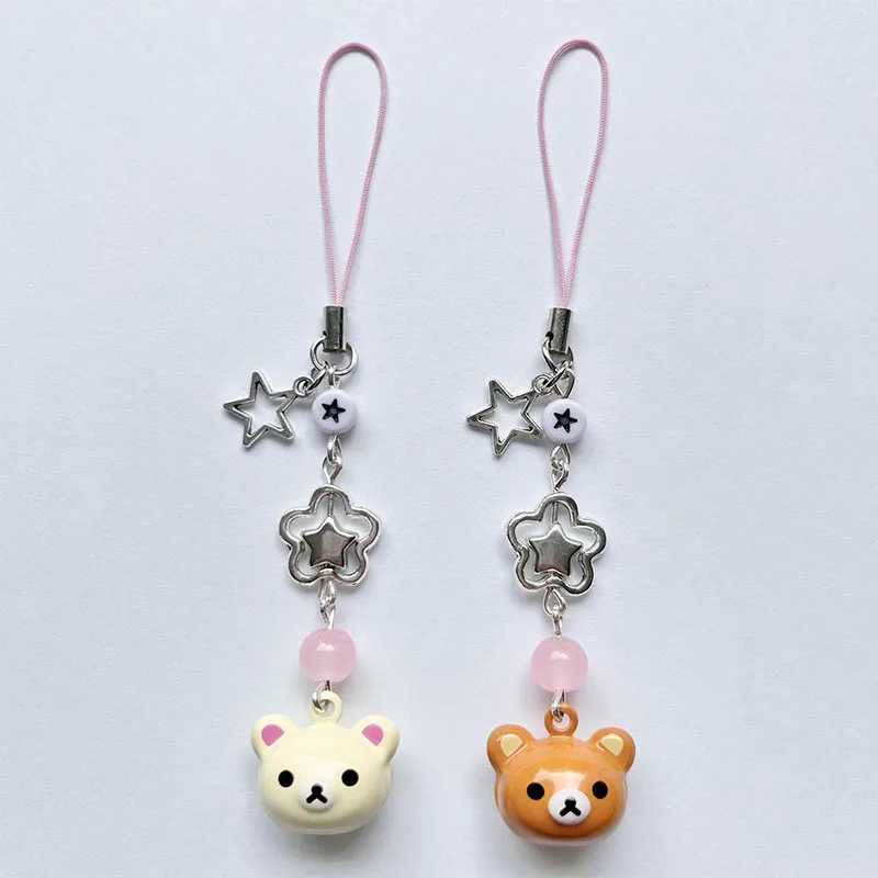 Cute Rilakkuma bear bell matching phone charm Y2K handmade star shaped hanging chain Kawaii bead mobile pendant card keychainXJ250319