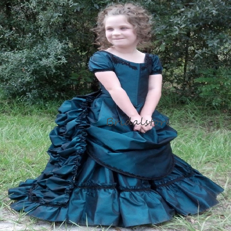 Victorian Baroque Style Navy Flower Girls Dress Children Bustle Reenactment Cosplay Birthday Dress Renaissance Party Princess Mariachi Mini Quinceaner