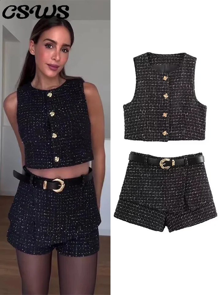 Elegant tweed shorts set womens ultra-thin single chest O-neck vest high waisted shorts with belt fashionable womens clothing for spring 250318