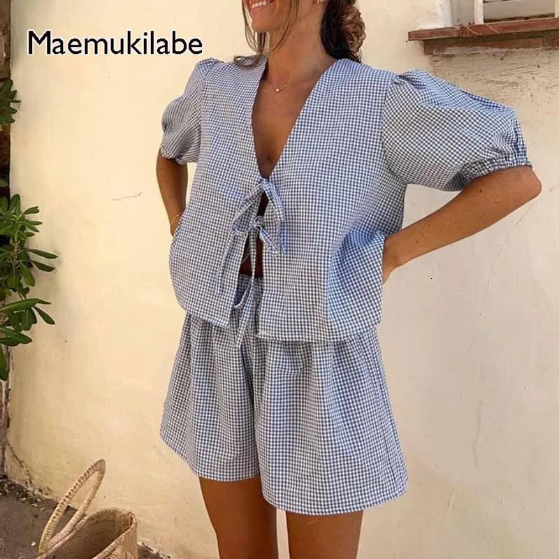 Maemukilabe Y2K vintage plain dress loose Vneck fluffy sleeves front tie topshorts 2piece lounge matching set 250320