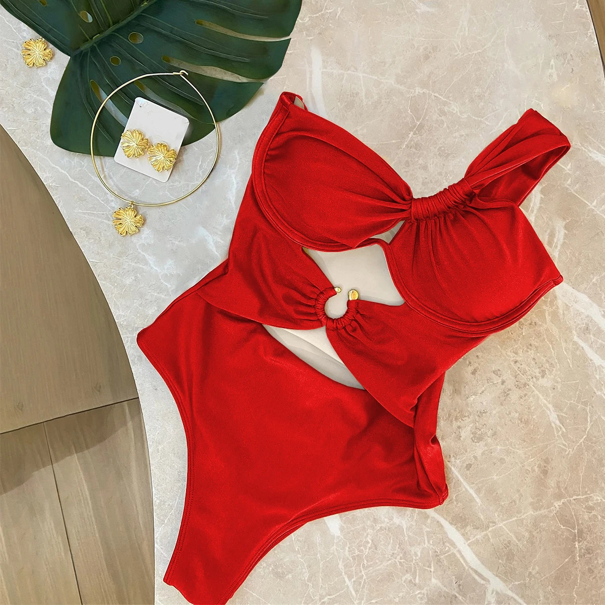 Single shoulder swimsuit womens 2025 sexy bikini Biquini hollow cut 250320