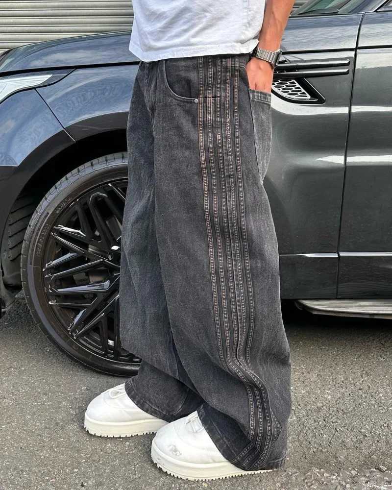 Harajuku retro simple striped embroidered gray floor mop jeans mens street trend Y2K loose straight pantsT250319
