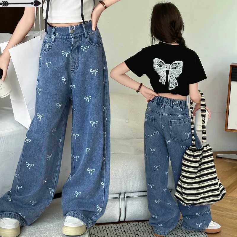 2024 Summer Casual Style Jeans Spring Big Kids Straight Trousers For 4-16Y Girl Teenage Clothes Bow Print Denim Wide Leg PantsT250326