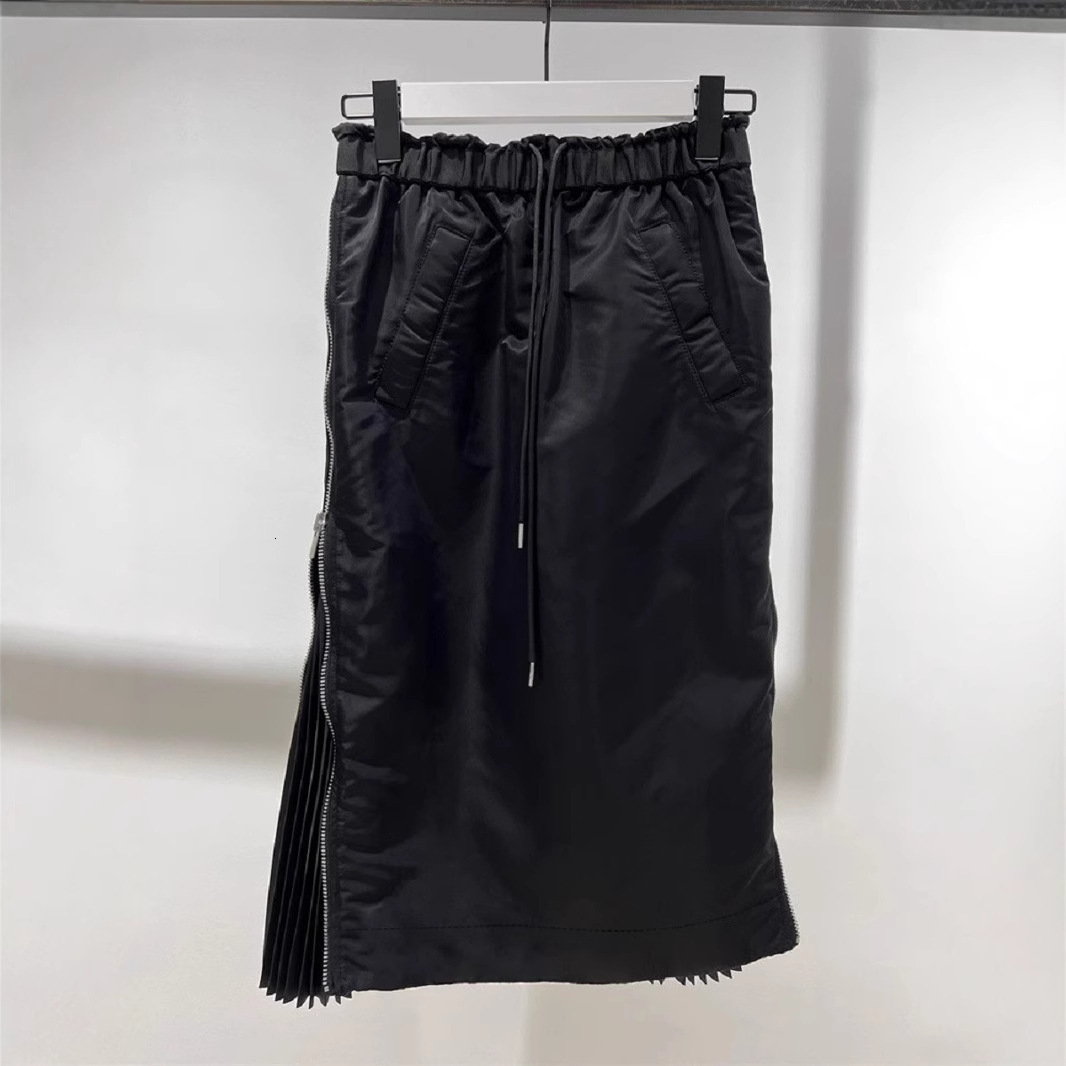 FOG SACAI Half length 2024 New Slimming Drawstring, Zipper on Both Sides, Folded Waist Bag, Hip Fold Skirt