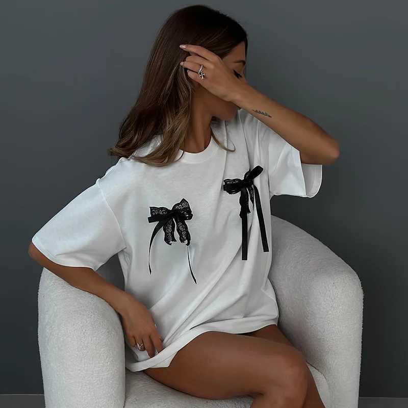 CGC Simple Style Casual Edition Bow Short Sleeve T-shirt Womens O-neck Korean Fashion Womens Clothing y2k Loose TopT250320