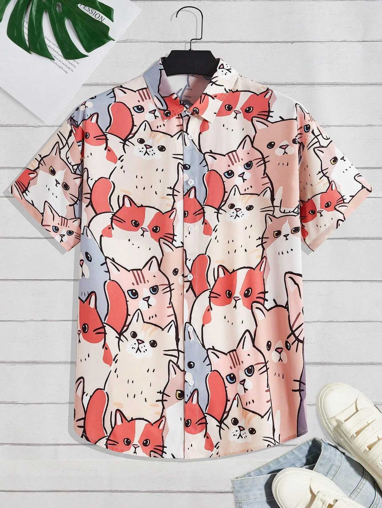 Unisex Fashion Mens Cute Cat Print Casual Daily Wear 3D Printing Short Sleeve Shirt Fashion Hawaiian Shirts For Men Harajuku M250320