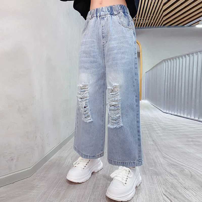 New summer teenagers children girls jeans torn holes casual childrens clothing ankle pants Capris Trousers 6 8 10 12 14 years oldT2502320