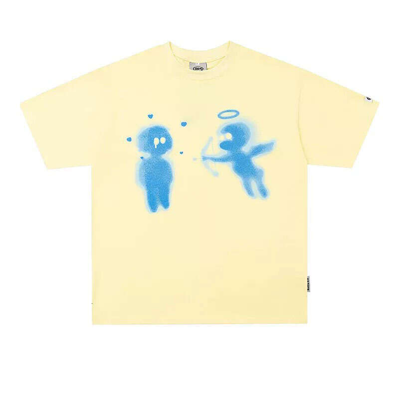 Little Angel American Funny Fuzzy Cartoon Printed Short sleeved T-shirt for Men Trendy Loose Simple High Street Couple TEE