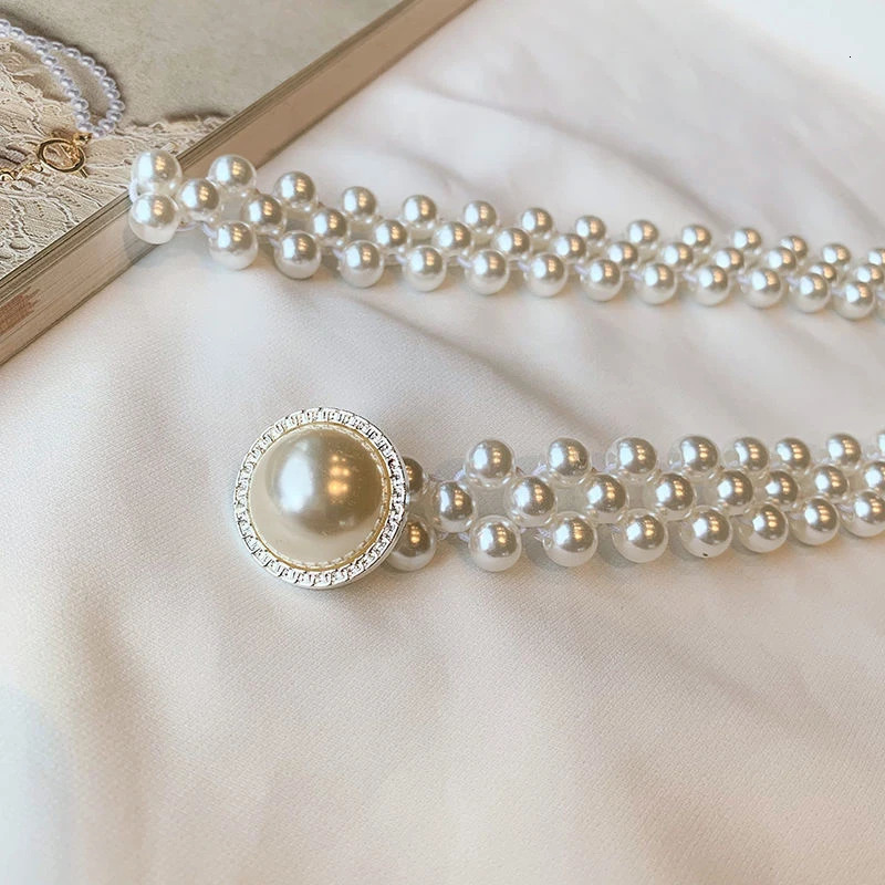 Large Pearl Waist Chain Womens Elastic Belt with Diamond Decoration All-match Skirt Fashion Casual Girdle Gothic 250320