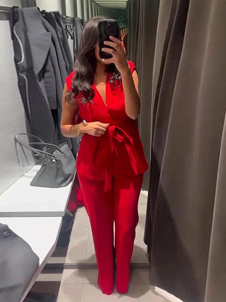 Red lace up vest pants set for womens elegant Vneck sleeveless high waisted Trouser 2025 summer 2piece 250319