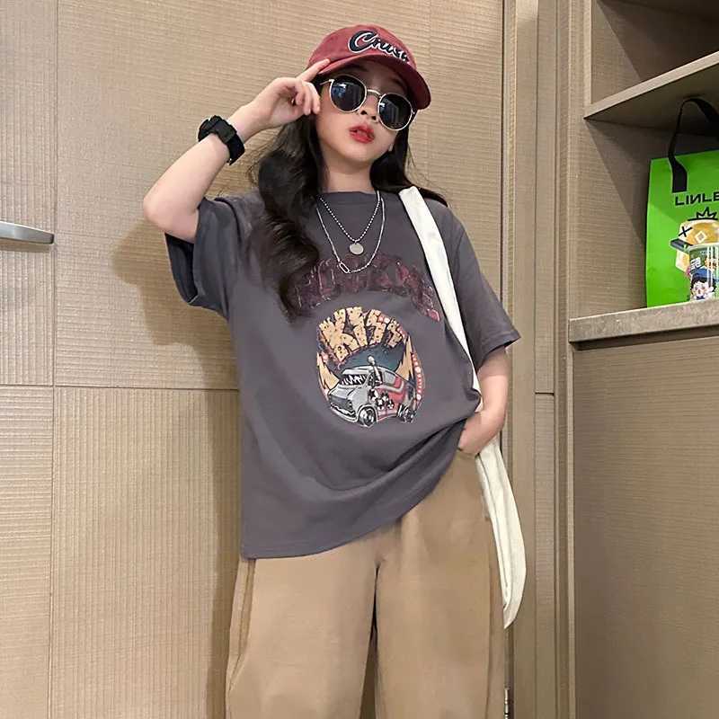 Teenage girl short sleeved T-shirt 2024 summer childrens clothing new childrens splicing fashion half sleeve front 6 8 10 12 14 years oldT250320