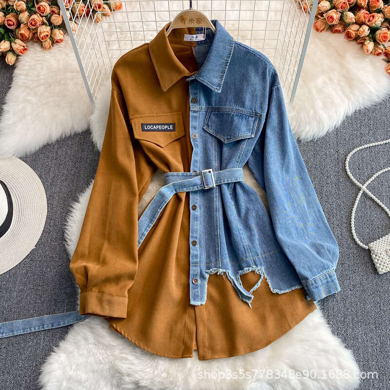 Designer Coat Women Denim Patchwork Lapel Dress for Spring and Autumn 2025 New Collection Waist Slimming Irregular Mid Length Shirt Autumn Dress Women