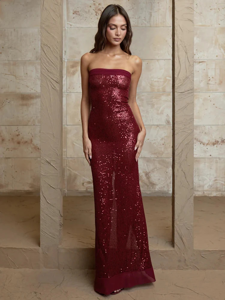 Mozision sequined strapless high splicing sexy Maxi dress for women elegant shoulder sleeves backless sparkling floor length 250317