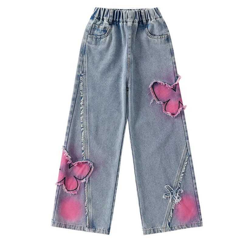 2024 Big Hot Deals Girls Fashion Spray Painting Butterfly Denim Wide Leg Pants High Waist Korean Style Long Jeans Teen TrousersT250326