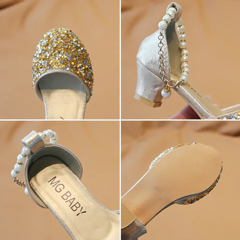 Girls Sandals Gold Fashion Crystal Shoes Silver Hundred Slip Performance Childrens High Heels Princess 250312
