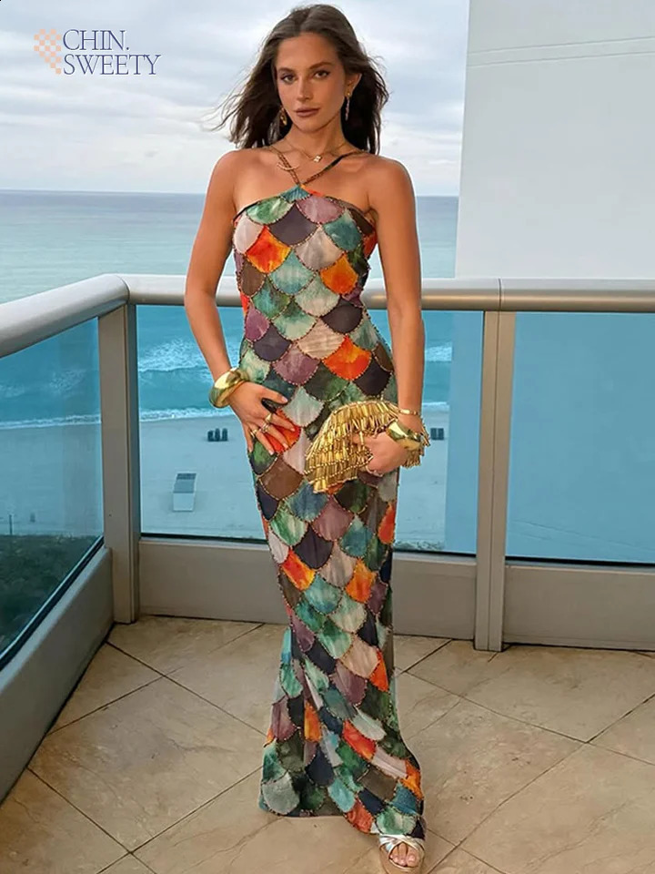 Vintage Women Contrast Color Halter Long Dress Fashion Sleeveless Bodycon Printed Robe 2025 Chic Spring Lady Party Beach Dresses 250319