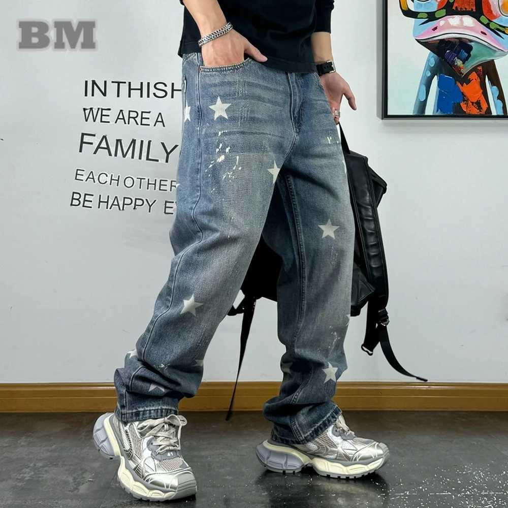 American streetwear splatter ink five dot star print mens jeans retro casual denim skateboarding pants hip-hop mens TrousersT250319