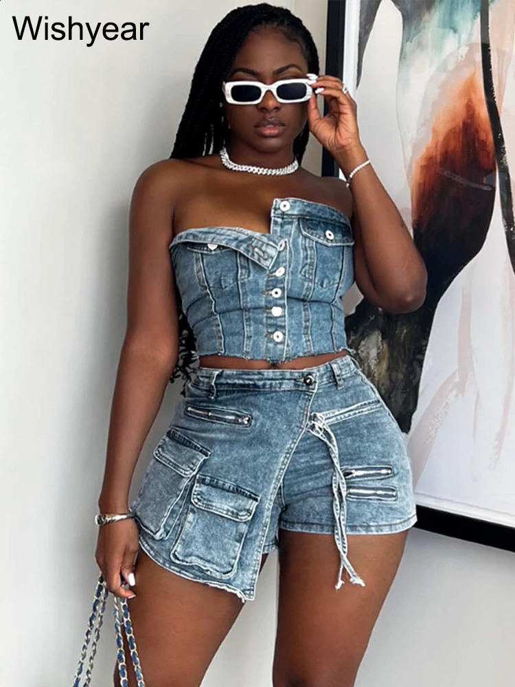 Fashion Pocket Irregular Shorts and Tube Tops 2 Two Piece Sets Denim Stretch Women Summer Birthday Club Outfit Female Streetwear 250319