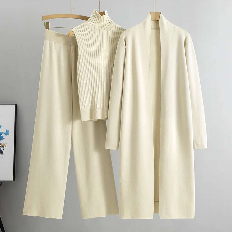 Spring Autumn Women Cardigan Tracksuits Knitted Pant Sweater Suit Vintage Fashion Ladies 3 Piece Set