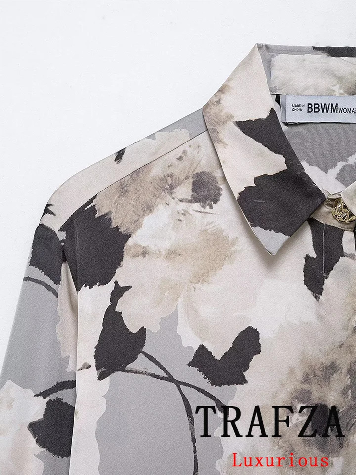 TRAFZA Retro Casual Chic Satin Womens Set Flower Printed Long Sleeve Shirt Fashion 2025 SpringSummer Silk 250320
