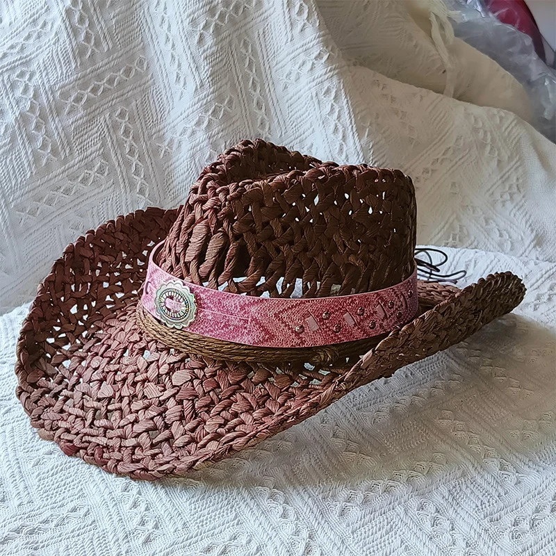 cowboy straw hat wholesale natural corn grass handmade cowboy hats For Men And Women Sun Protection Hats Outdoor Wide Brim cap 250320