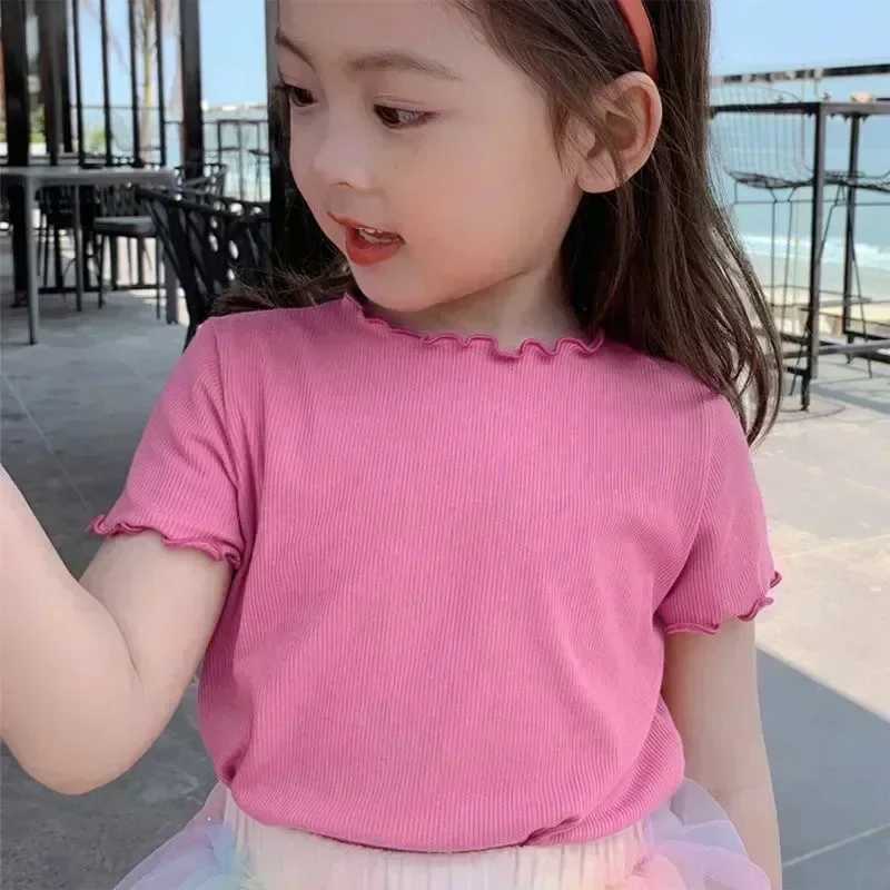 Girls Casual Ice Silk Short Sleeved T-shirt Summer Children Ear Edge Top 2-10 Years Old Girl Versatile Half Sleeved ClothesT250320