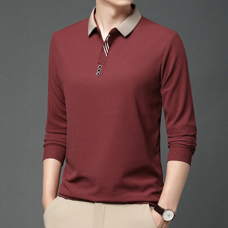 Mens business casual long sleeved solid color polo shirt fashionable breathable and comfortable Versatile top 250318