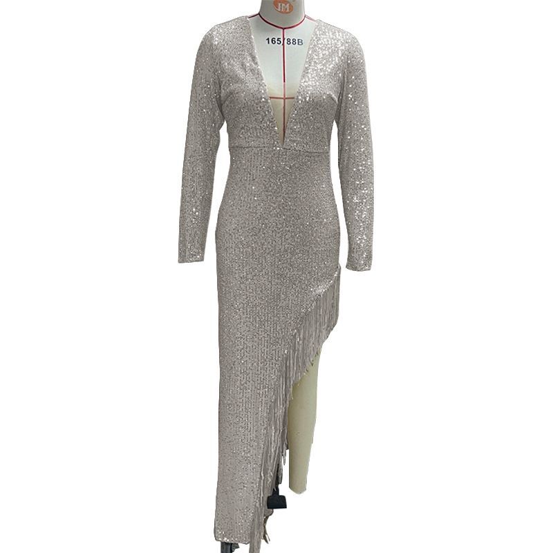 Women's Clothing Tassels Sequins Waist Hing Deep V Long Sleeves And Side Slits Sexy Asymmetrical Dress