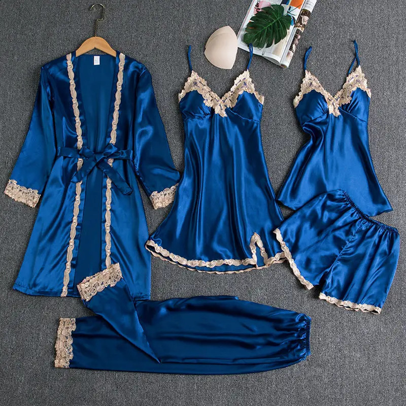 Sleepwear Female 5PCS Pajamas Set Satin Pyjamamas Lace Patchwork Bridal Wedding Nightwear Rayon Home Wear Nighty Robe Suit 250319
