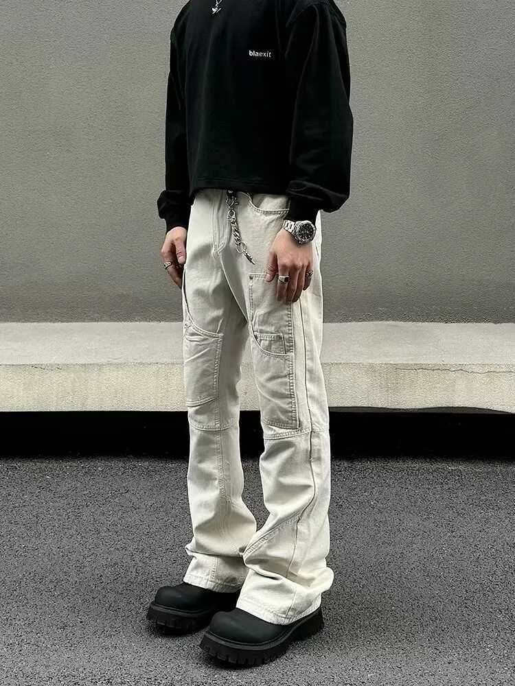 2025 Ropa Y2K Fashion Wash White Ultra Thin Cargo Jeans Mens Clothing Multi Pocket Korean Casual Mens Cotton PantsT250319