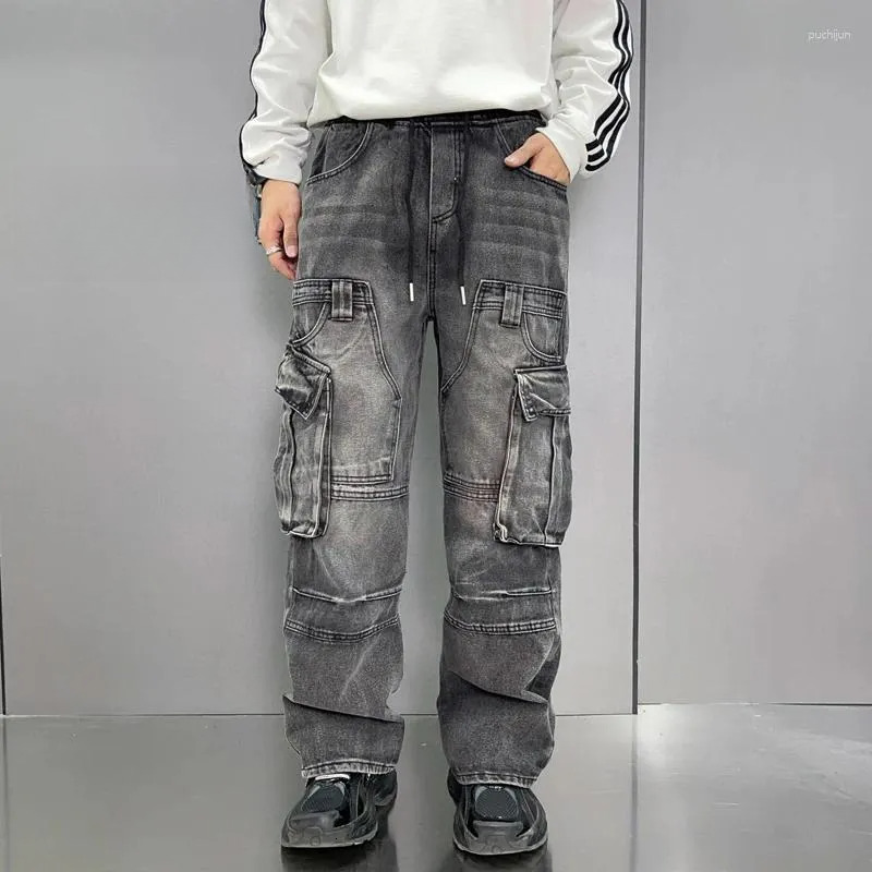2025 S Fashion Designer Men S Jeans Hip Design Dark Grey Cargo Pants For Men Loosen Fit Wide Leg Spliced Denim Trousers