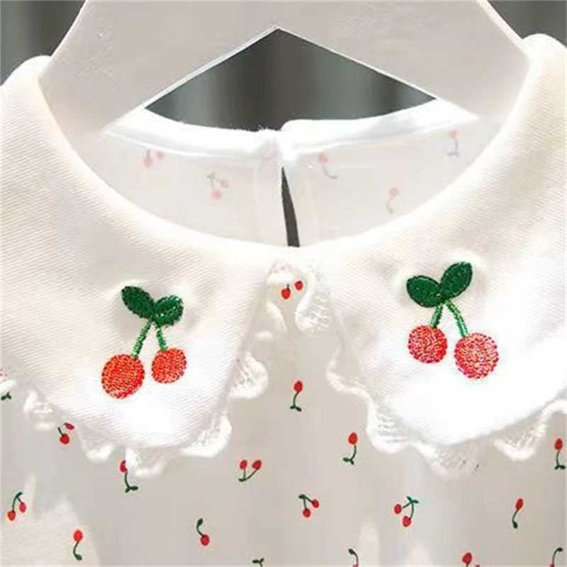 New 2024 Summer Girls T-shirt Cherry Pattern Short Sleeve Ruffle Collar T-shirtT250320